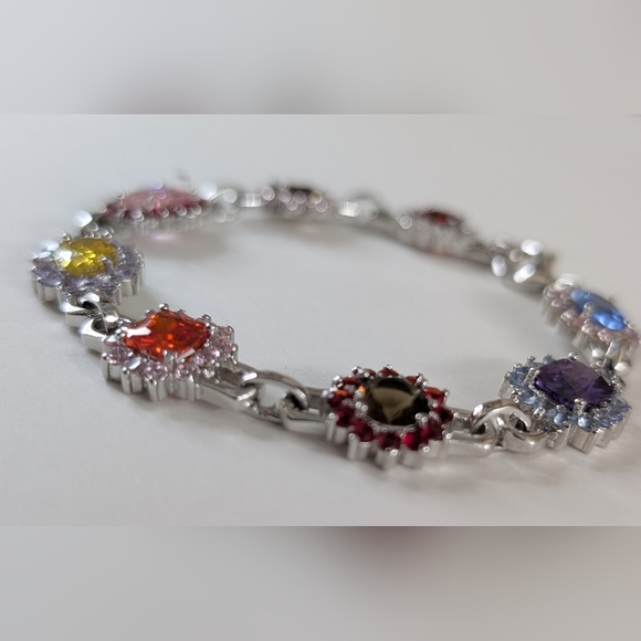 Charles Winston CWE Sterling Silver Rhodium Multi-Gemstone Halo Panel Bracelet 7 - Picture 4 of 8
